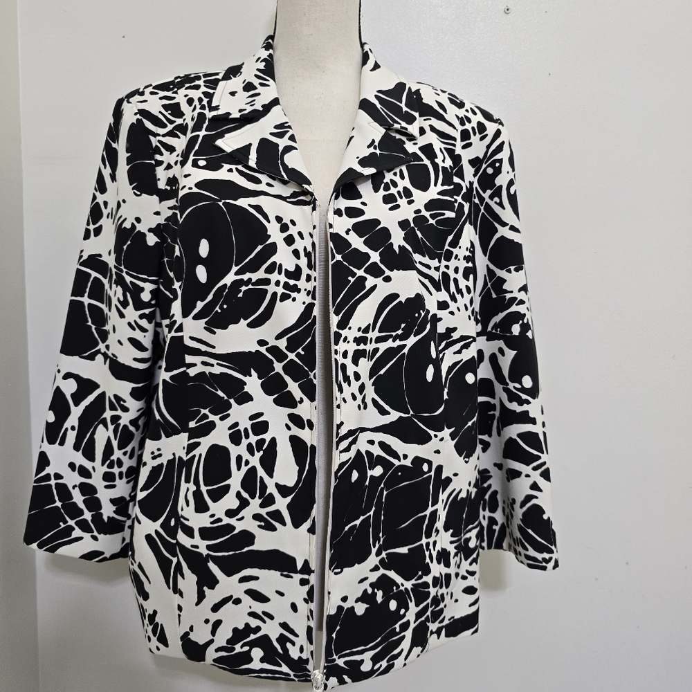 MOLLY &‎ MAXX size XL Brushstroke Artsy 3/4 Sleeve Zip Blazer Jacket White/Black